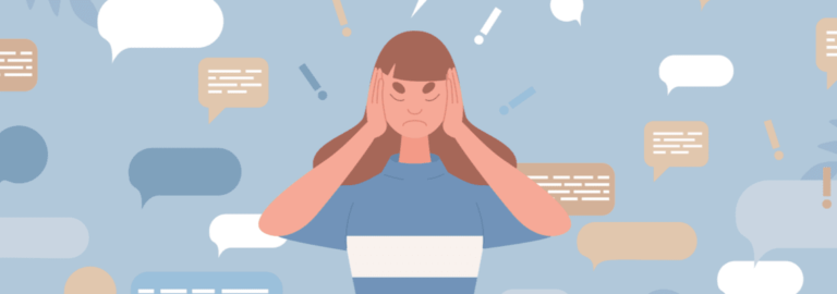 Illustrated woman covering ears from news